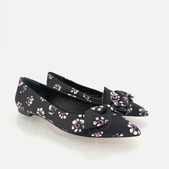 Tory Burch Rosalind Ballet Flats Women's Size 5 Black Floral Satin Bow Pointed - Picture 1 of 16